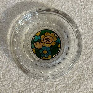 Vintage 1970’s Floral Foil Glass Ashtray with Stained Glass Design